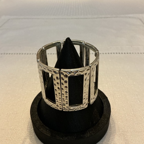 Rectangle Wide Silver Tone Stretch Bracelet - Picture 3 of 4